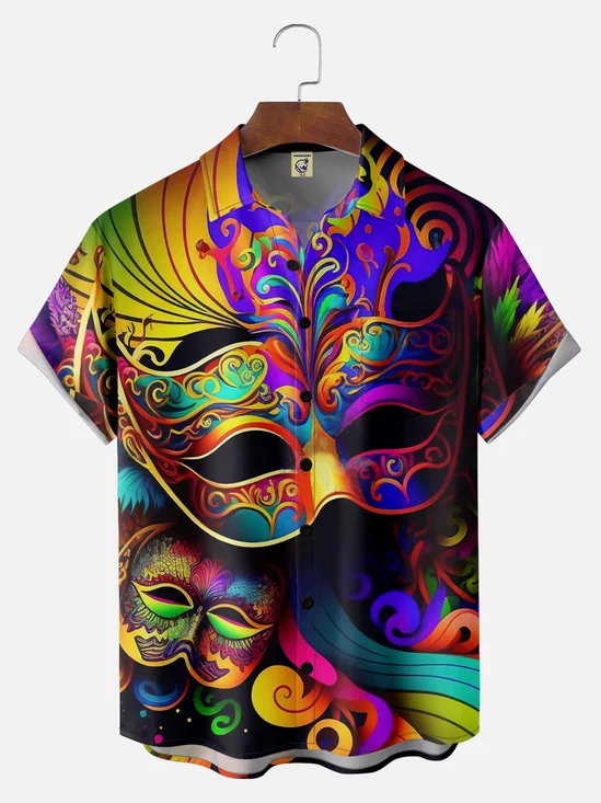 Big Size Moisture-wicking Mardi Gras Celebration Mask Chest Pocket Casual Shirt