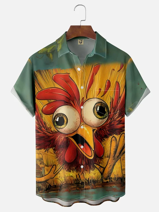 Tall Size Moisture-wicking Fun Chicken Chest Pocket Casual Shirt