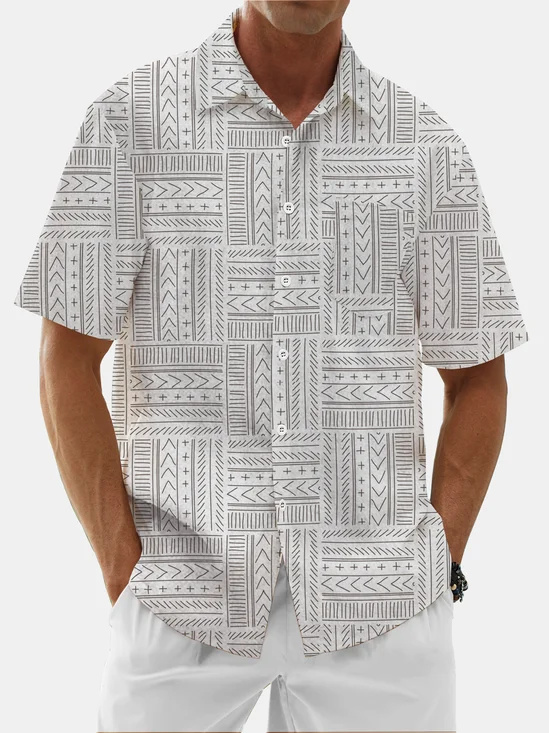 Moisture Wicking Geometric Check Chest Pocket Hawaiian Shirt