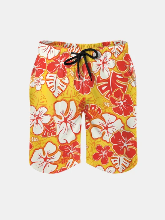 Men's Swim Trunks Hawaiian Tropical Floral Beach Shorts with Pockets