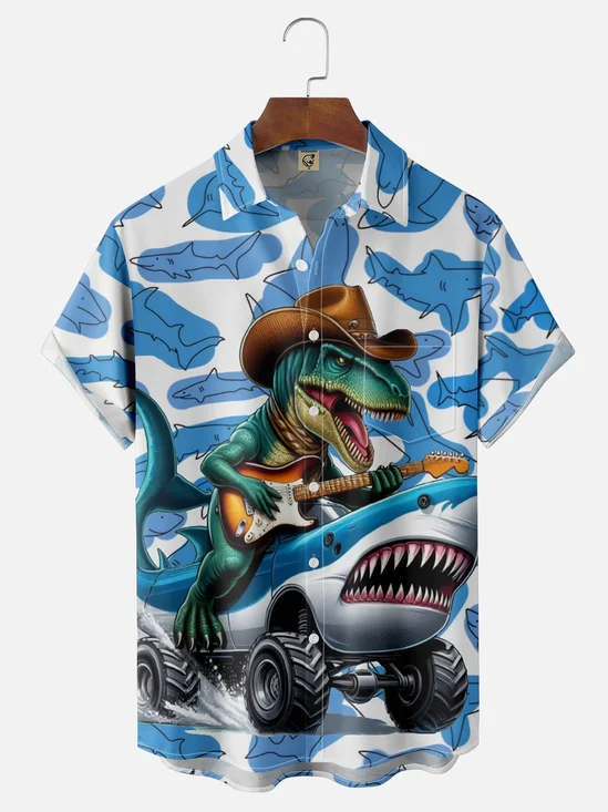 Moisture Wicking Guitar Dinosaur Shark Car Chest Pocket Hawaiian Shirt