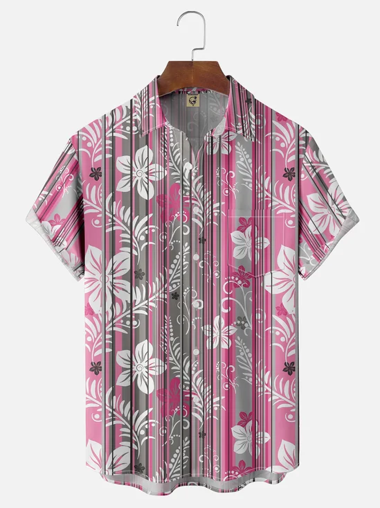 Moisture Wicking Stripes Botanicals Floral Chest Pocket Hawaiian Shirt