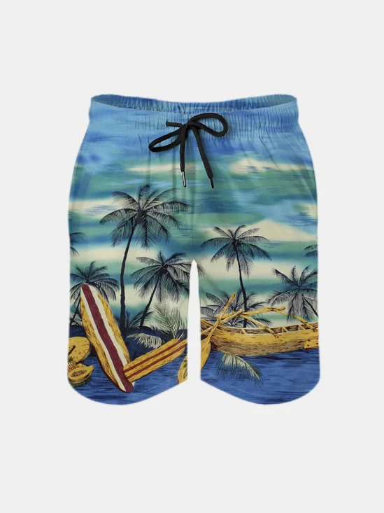 Men's Swim Trunks Hawaiian Tropical Palm Tree Beach Shorts with Pockets