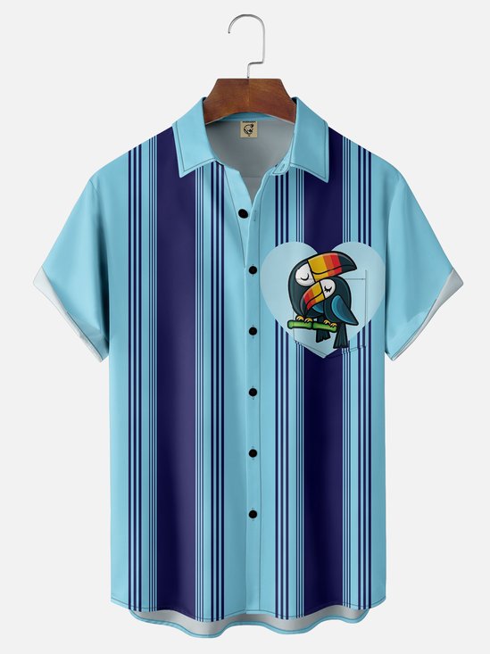 Moisture Wicking Striped Toucan Chest Pocket Bowling Shirt
