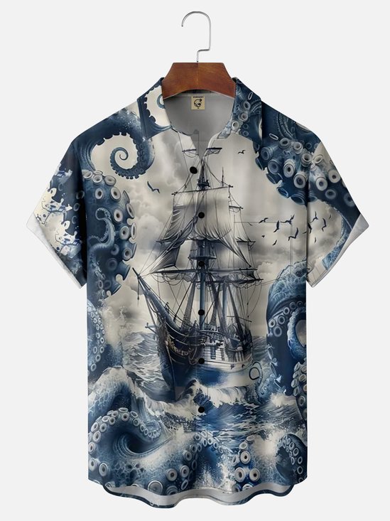 Moisture Wicking Octopus Pirate Ship Chest Pocket Hawaiian Shirt
