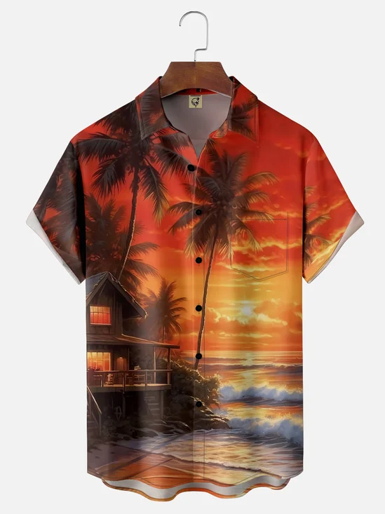 Moisture-wicking Dreamy Sunset Island Scenery Chest Pocket Hawaiian Shirt