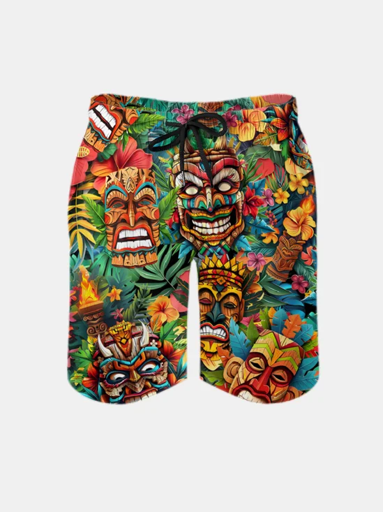 Men's Swim Trunks Hawaiian Tropical Tiki Beach Shorts with Pockets