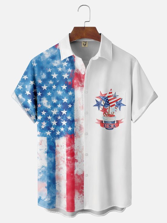 Moisture-wicking Independence Day American Flag Chest Pocket Casual Shirt
