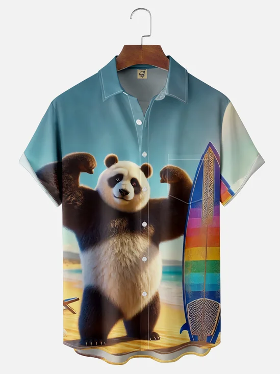 Moisture Wicking Hawaiian Surf Panda Chest Pocket Hawaiian Shirt