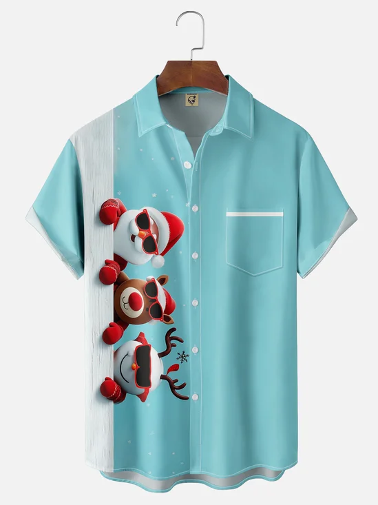 Moisture-wicking Christmas Santa Claus Chest Pocket Bowling Shirt