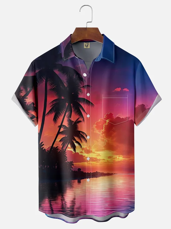 Moisture-wicking Sunset Island Coconut Tree Scenery Chest Pocket Hawaiian Shirt