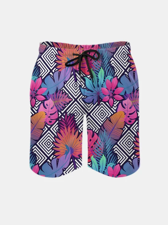 Men's Swim Trunks Hawaiian Tropical Palm Tree Geomatric Beach Shorts with Pockets