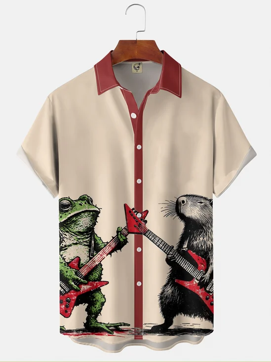 Moisture-wicking Funny Frog Sea Otter Punk Art Chest Pocket Hawaiian Shirt