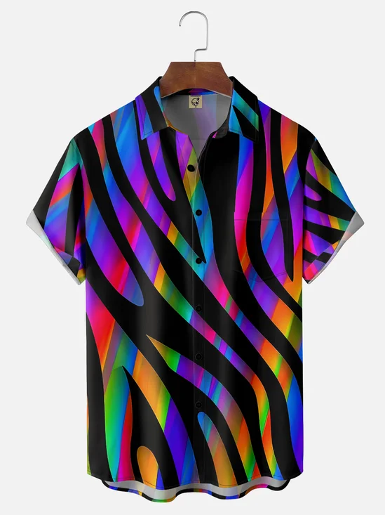 Moisture-wicking Dreamy Fun Colorful Zebra Pattern Abstract Chest Pocket Casual Shirt
