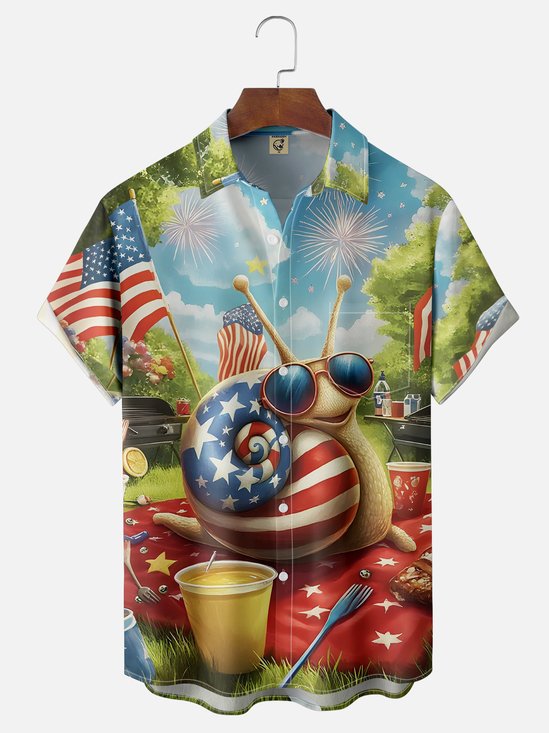 Moisture Wicking American Flag Snail Chest Pocket Hawaiian Shirt