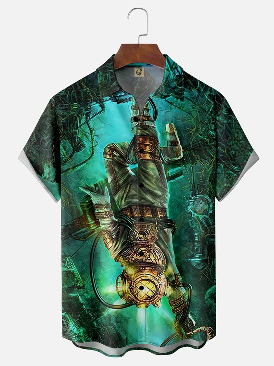 Moisture-wicking Vintage Abyss Diver Octopus Chest Pocket Hawaiian Shirt