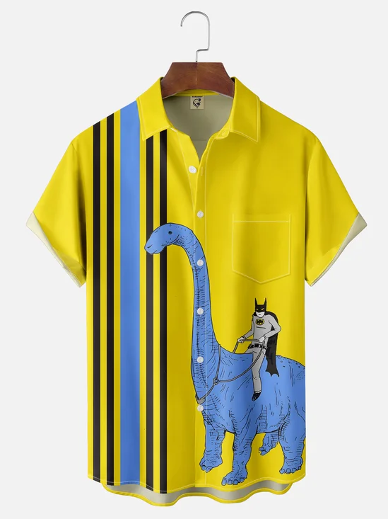 Moisture-wicking Fun Bat Riding Dinosaur Abstract Chest Pocket Bowling Shirt