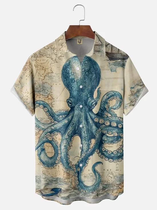 Moisture Wicking Vintage Ocean Octopus Chest Pocket Hawaiian Shirt