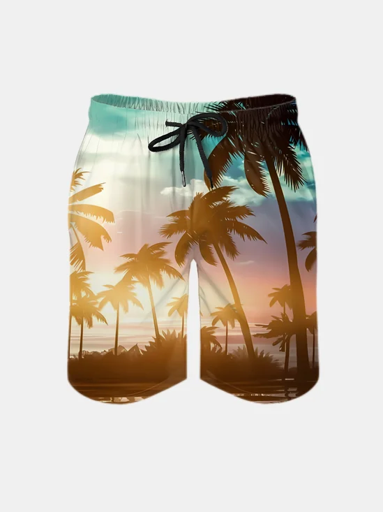 Men's Swim Trunks Hawaiian Tropical Palm Tree Beach Shorts with Pockets