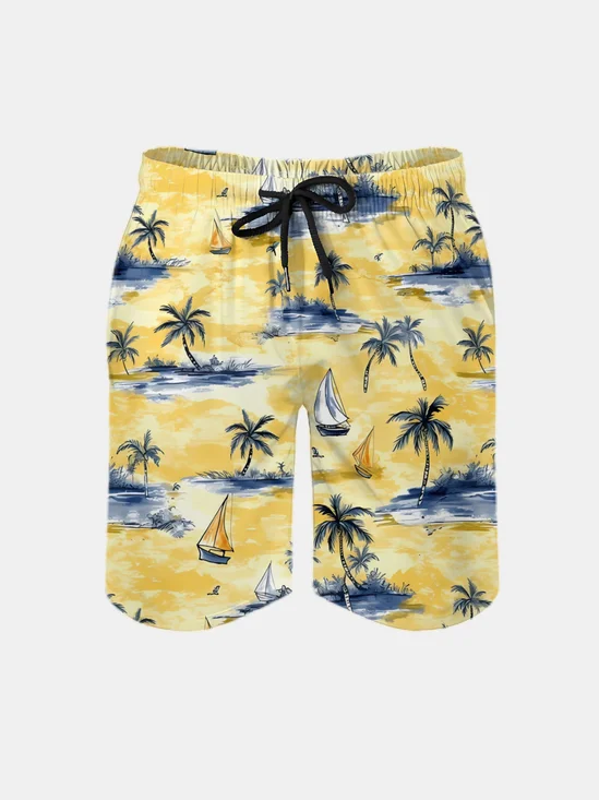 Men's Swim Trunks Hawaiian Tropical Palm Tree Beach Shorts with Pockets