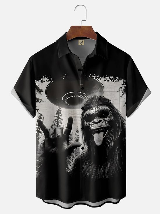 Moisture Wicking Alien Spaceship Bigfoot Chest Pocket Hawaiian Shirt
