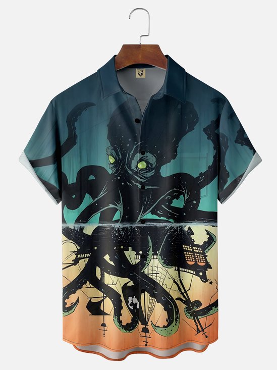 Moisture Wicking Ocean Octopus Chest Pocket Hawaiian Shirt