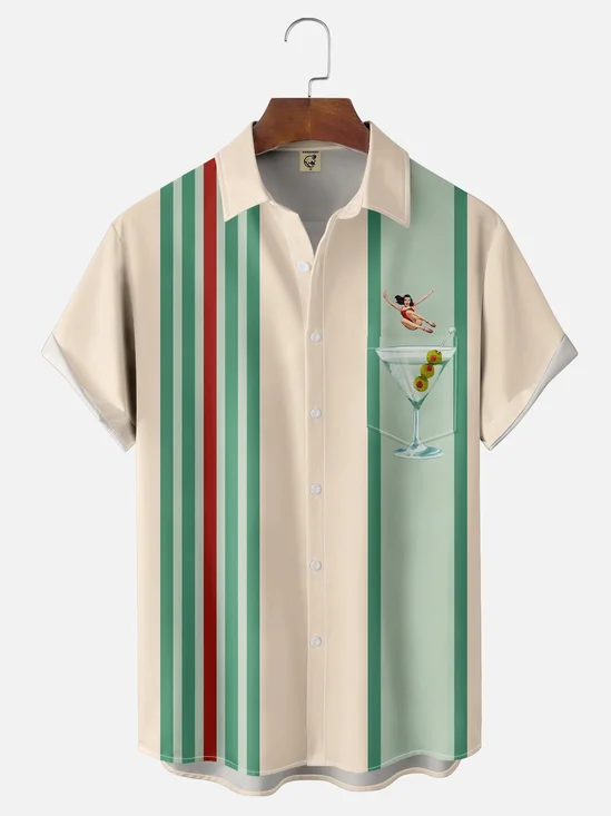Moisture-wicking Vintage Girl Cocktail Chest Pocket Bowling Shirt