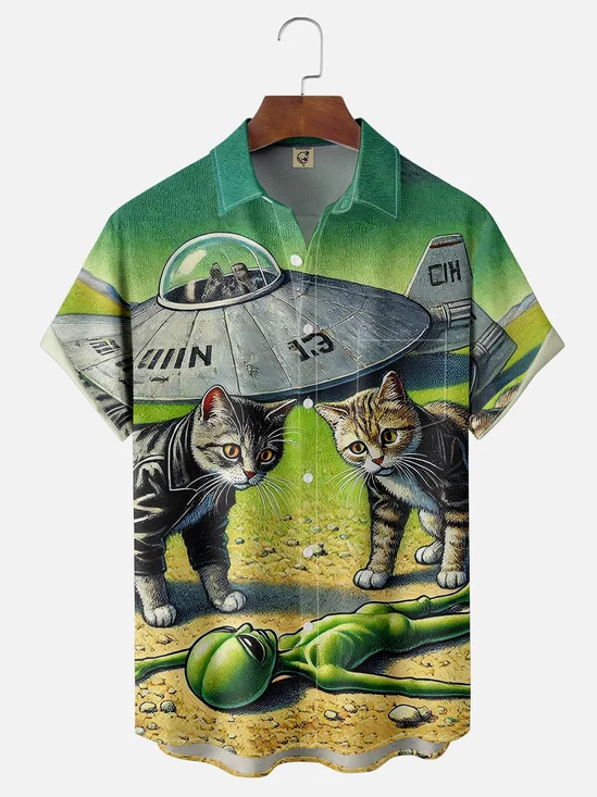 Moisture-wicking Cat and Alien UFO Fun Chest Pocket Hawaiian Shirt