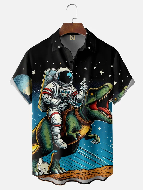 Moisture Wicking Astronaut Dinosaur Chest Pocket Hawaiian Shirt