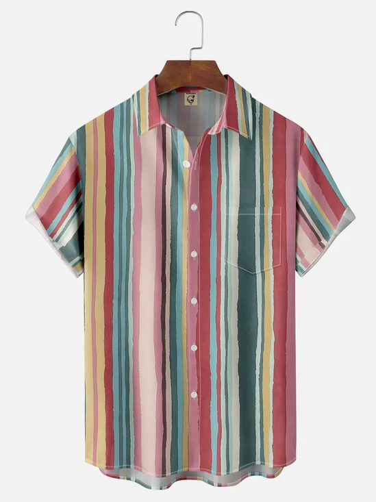 Moisture-wicking Bright Stripe Art Chest Pocket Casual Shirt
