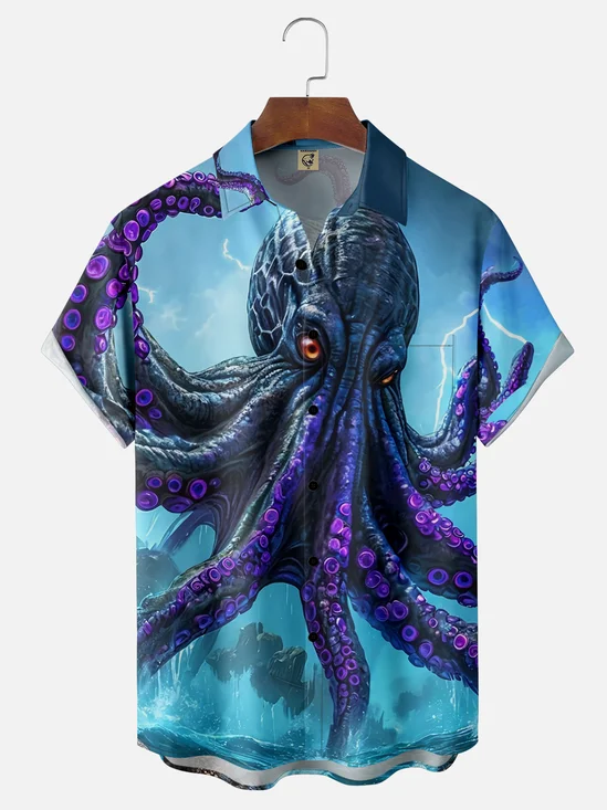 Moisture-wicking Cthulhu Octopus Ocean Chest Pocket Hawaiian Shirt