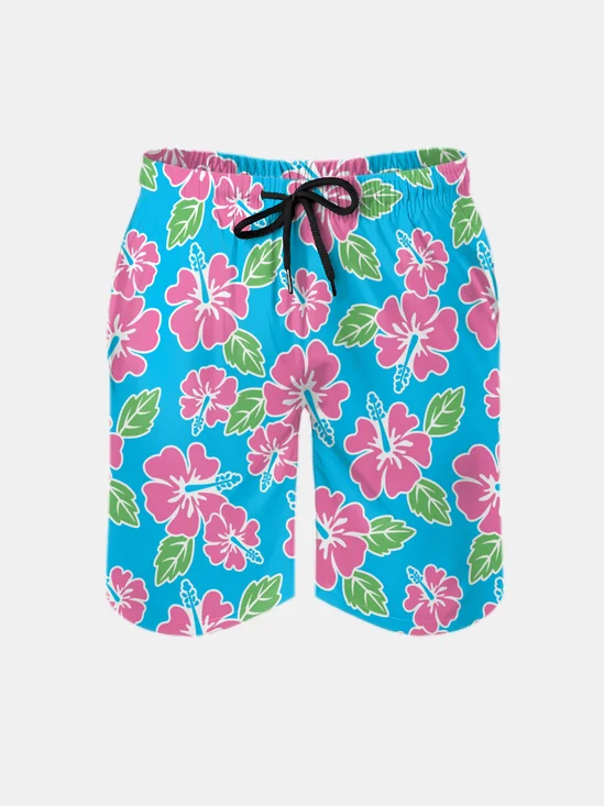 Men's Swim Trunks Hawaiian Tropical Hibiscus Flower Beach Shorts with Pockets