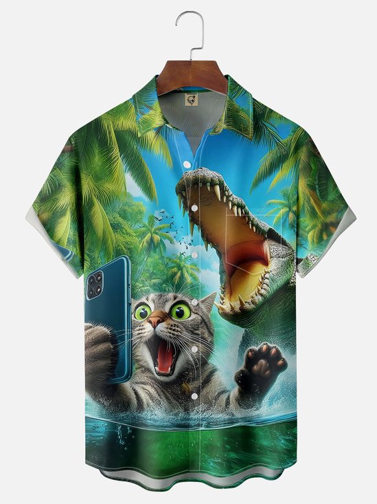 Tall Size Moisture-wicking Cat Alligator Selfie Chest Pocket Hawaiian Shirt