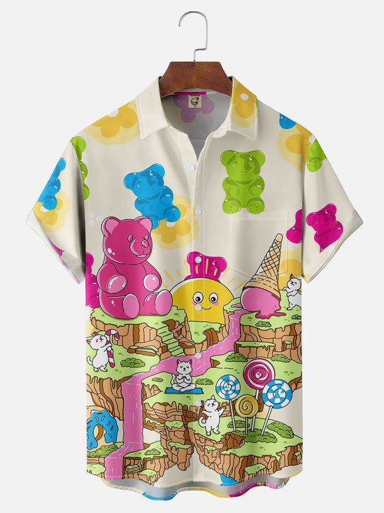 Hardaddy X Artist Kimprut Imut Cartoon Bear Lollipop Donut Ice cream Chest Pocket Hawaiian Shirt