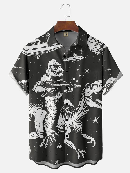 Moisture Wicking Universe UFO Dinosaur Bigfoot Chest Pocket Hawaii Shirt