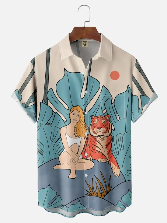 Hardaddy x Stephen Wade Moisture-wicking Lady and Tiger Chest Pocket Hawaiian Shirt