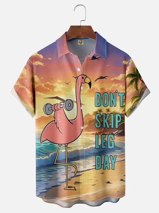 Hardaddy x Coffee Man Moisture Wicking Flamingo Tropical Beach Coconut Tree Chest Pocket Hawaiian Shirt
