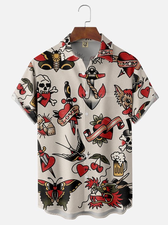 Moisture-wicking Art Tattoo Chest Pocket Hawaiian Shirt