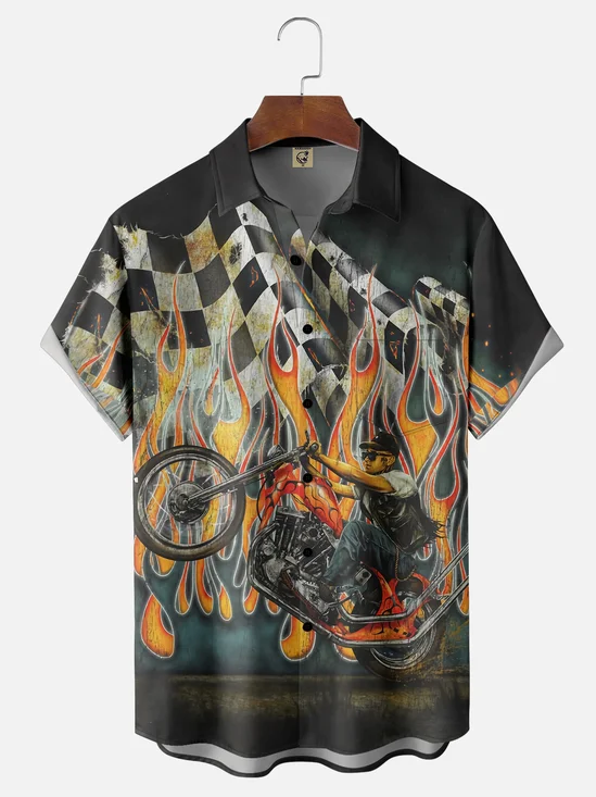 Moisture Wicking Vintage Motorcycle Chest Pocket Hawaiian Shirt