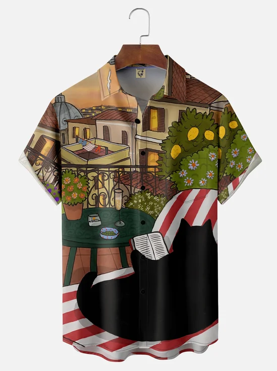 Moisture-wicking Artistic Cat Reading Chest Pocket Casual Shirt