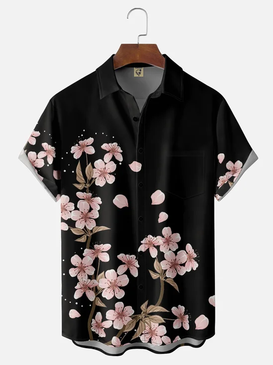 Moisture-wicking Japanese Sakura Floral Chest Pocket Hawaiian Shirt