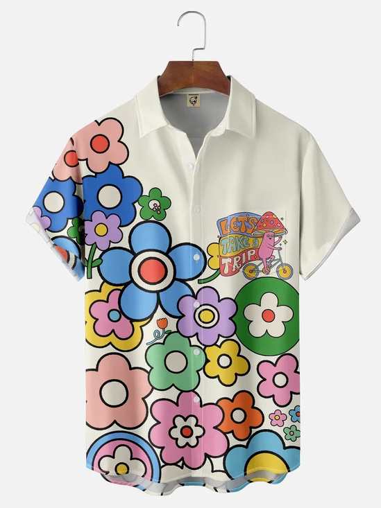 Hardaddy x Coffee Man Moisture Wicking Hippie Flower Text Chest Pocket Hawaiian Shirt