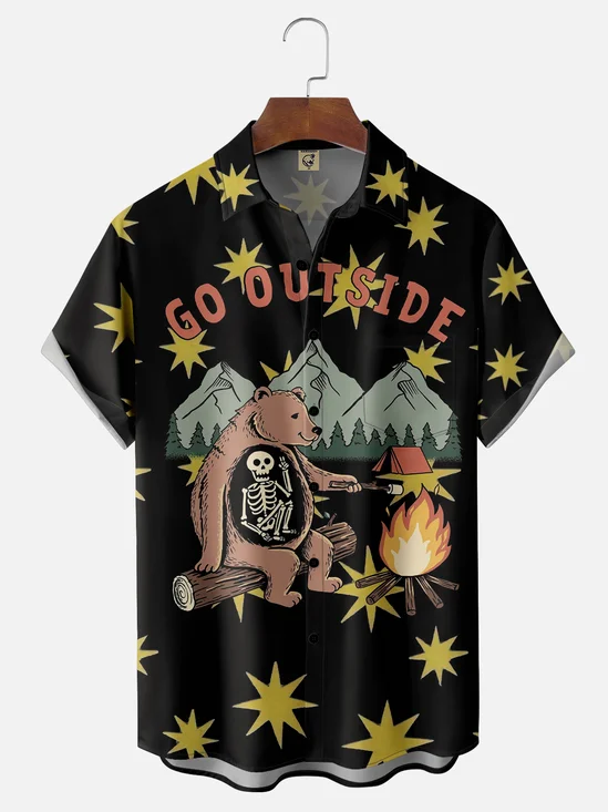 Hardaddy x Coffee Man Moisture Wicking Camping Bear Skull Chest Pocket Hawaiian Shirt