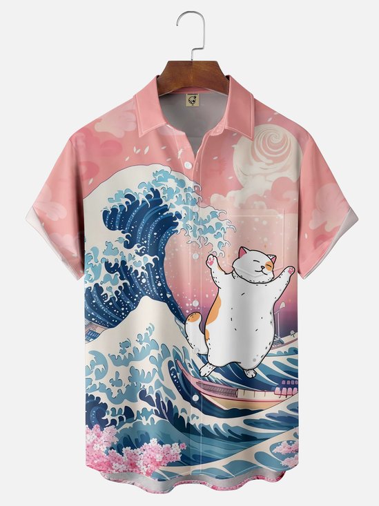Hardaddy X Artist Kimprut Imut Japanese Ukiyo-e Wave Cat Chest Pocket Hawaiian Shirt