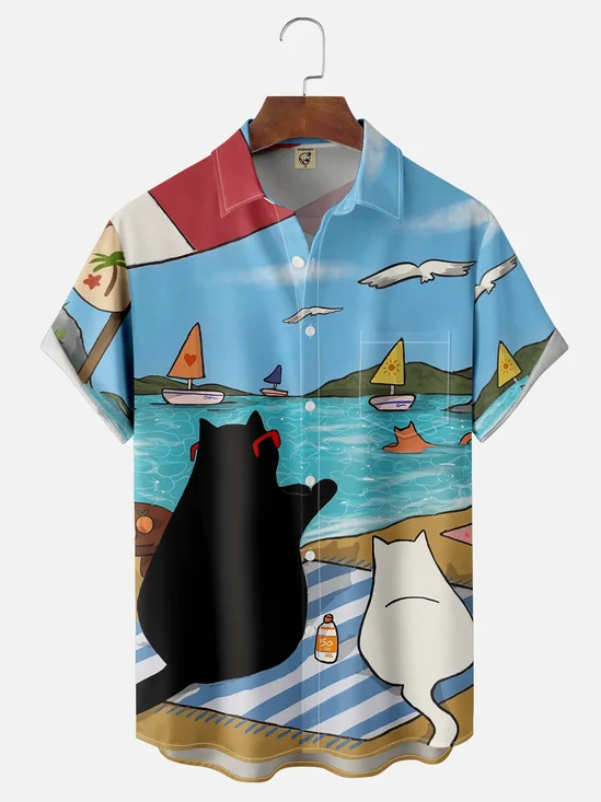 Moisture-wicking Art Cat on vacation at the beach Chest Pocket Casual Shirt