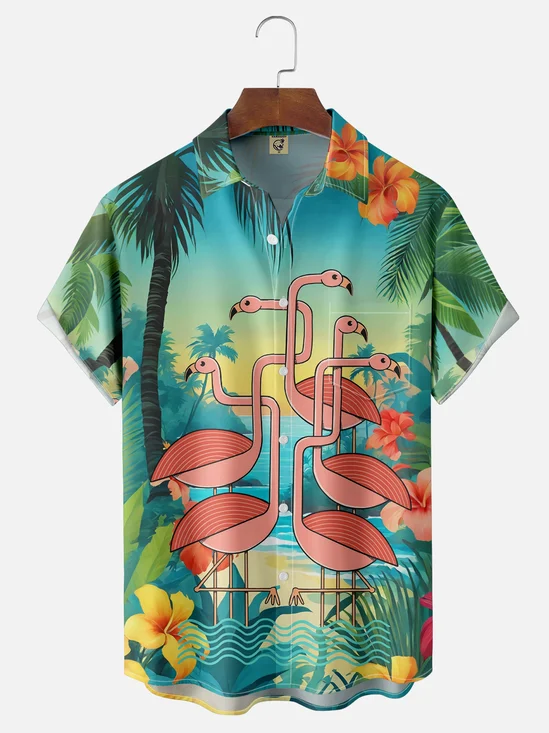 Hardaddy x Coffee Man Moisture Wicking Flamingo Tropical Beach Chest Pocket Hawaiian Shirt