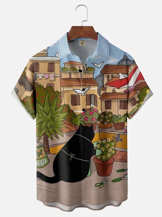 Moisture-wicking Art Cat Gardener Chest Pocket Casual Shirt