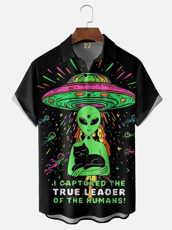 Hardaddy x Coffee Man Moisture Wicking UFO Alien Cat Chest Pocket Hawaiian Shirt