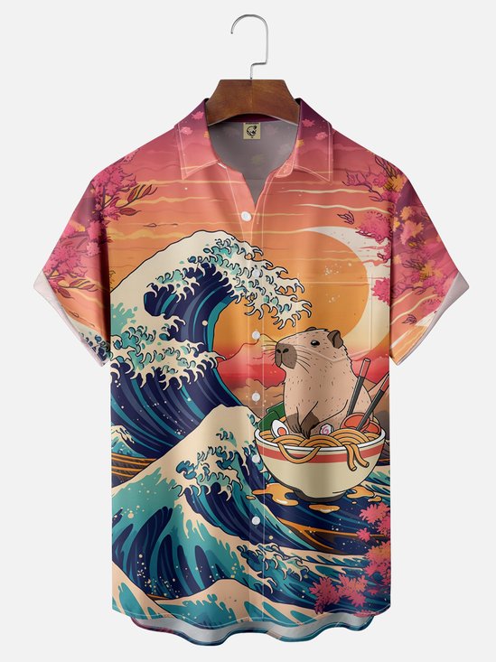 Hardaddy X Artist Kimprut Imut Japanese Ukiyo-e Wave Ramen Capybara Chest Pocket Hawaiian Shirt