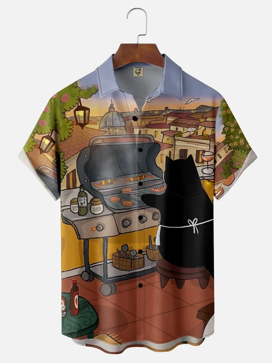 Moisture-wicking Art Cat at a BBQ Party Chest Pocket Casual Shirt